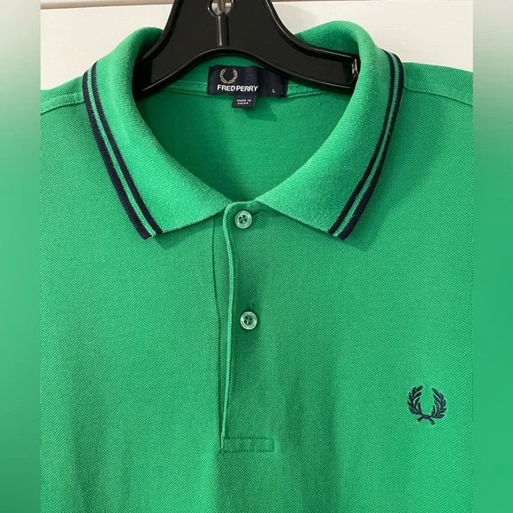 Fred Perry Green with Navy Blue Stripes Polo Shirt Large - Picture 3 of 3